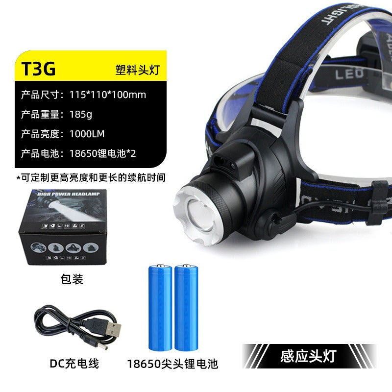 Outdoor Led Mini Ultra-Light Strong Light Headlamp Floodlight Night Fishing Hiking Miner Lamp Running Camping Headlamp Factory Batch [t6 induction model] classic plastic headlight two-battery set t3g