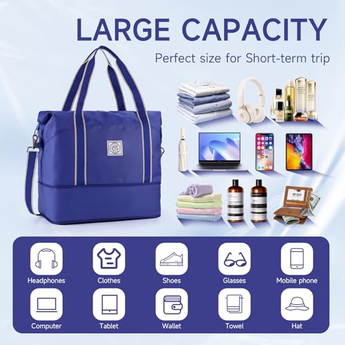 WALNEW Travel Duffel Bag, Weekender Overnight Carry On Bag for Women Men, Foldable Waterproof Gym Luggage Duffle Bag with Metal Buckle Detachable Shoulder Strap and Wet Compartment (Klein Blue) - Image 3