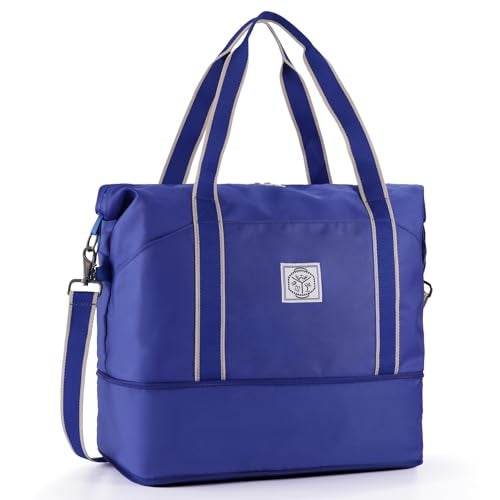 WALNEW Travel Duffel Bag, Weekender Overnight Carry On Bag for Women Men, Foldable Waterproof Gym Luggage Duffle Bag with Metal Buckle Detachable Shoulder Strap and Wet Compartment (Klein Blue) - Image 1