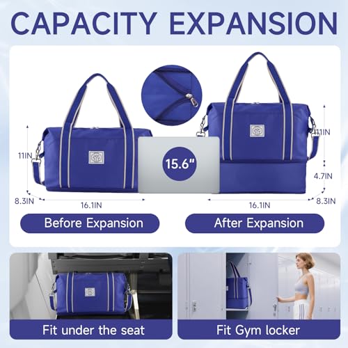 WALNEW Travel Duffel Bag, Weekender Overnight Carry On Bag for Women Men, Foldable Waterproof Gym Luggage Duffle Bag with Metal Buckle Detachable Shoulder Strap and Wet Compartment (Klein Blue) - Image 2