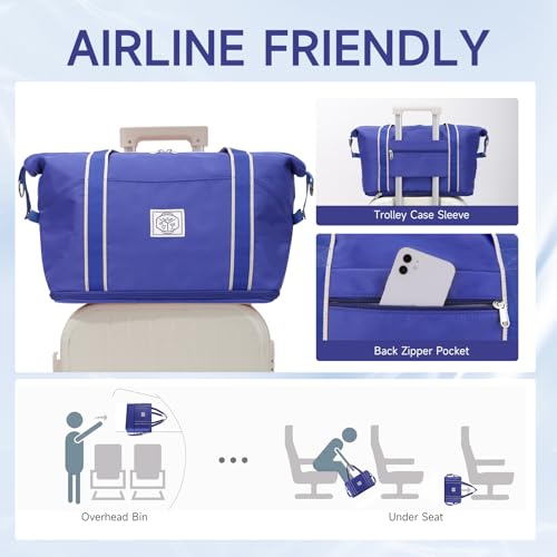 WALNEW Travel Duffel Bag, Weekender Overnight Carry On Bag for Women Men, Foldable Waterproof Gym Luggage Duffle Bag with Metal Buckle Detachable Shoulder Strap and Wet Compartment (Klein Blue) - Image 5