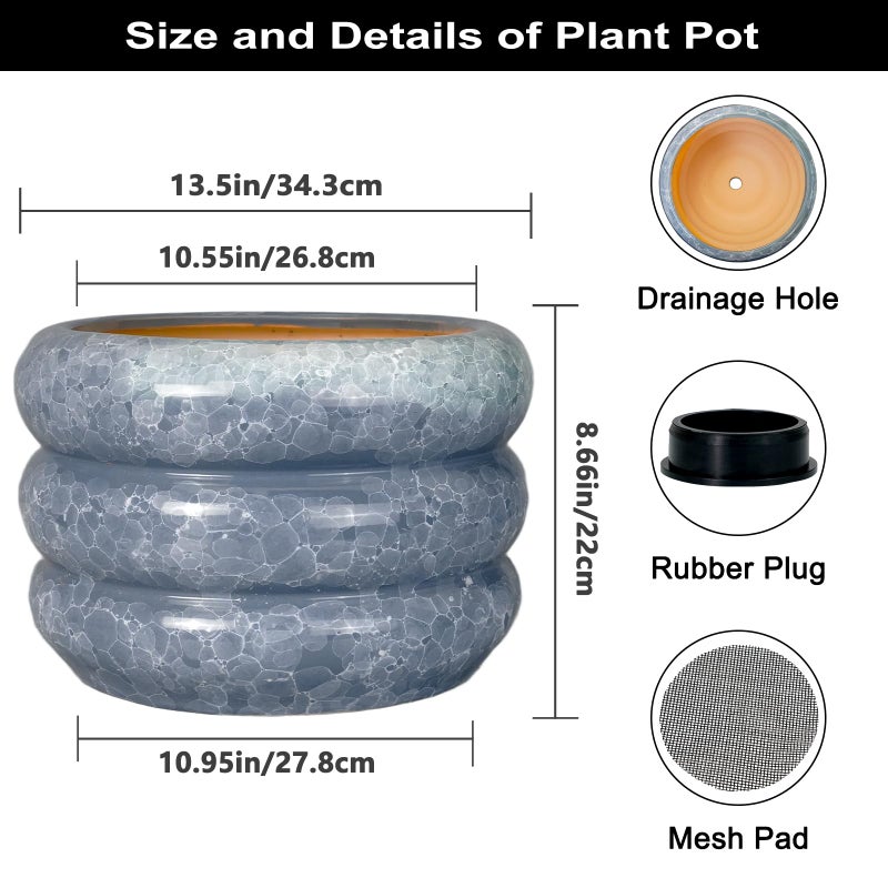 SQOWL Ceramic Planter 13.5 Inch - Large Plant Pot Indoor with Drainage Hole Outdoor Planter Round Flower Pot Modern Decorative Plant Pot for Home Office Decor Gray - Image 3
