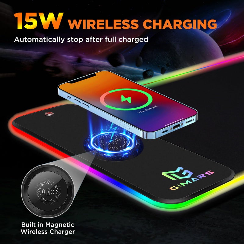 Gimars RGB Gaming Mouse Pad,15W Wireless Charging Mousepad with 10 Light Modes, Large Mousepad with Premium Smooth Surface, Non-Slip Mouse Mat for Gaming, Desk, PC,Office, 31.5x11.8x0.16inch - Image 2
