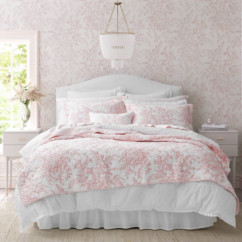 LAURA ASHLEY Laura Ashley  Twin Quilt Set Reversible Cotton Bedding with Matching Sham Lightweight for Year Round Use Floral Print Bed Set Dorm Essentials Bedford Pink