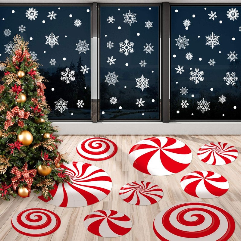 Whaline 108Pcs Christmas Peppermint Floor Decals Candy Snowflake Stickers Xmas Large Candy Wall Decals Winter Assorted Snowflake Stickers Floor Window Clings for Christmas Party Holiday Decor - Image 1