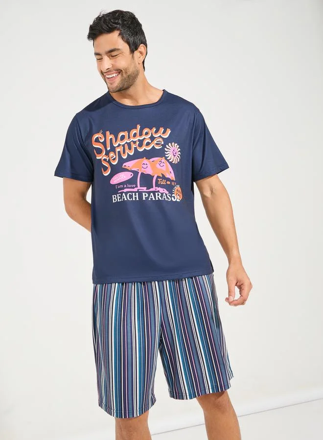 Styli Graphic Print T-Shirt & Striped Shorts Set