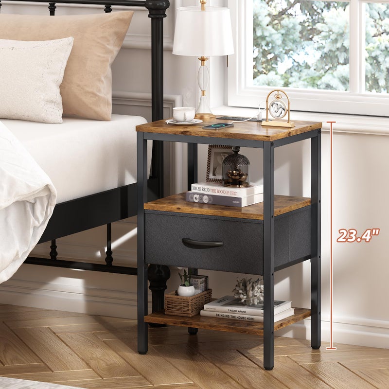 SUPERJARE Nightstand with Charging Station, Bed Side Table with Adjustable Fabric Drawer, Night Stand for Bedroom, 3-Tier Storage End Table, for Living Room, Rustic Brown and Black - Image 2