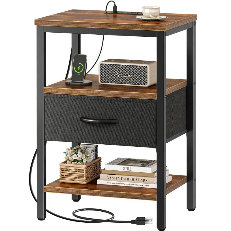 SUPERJARE Nightstand with Charging Station, Bed Side Table with Adjustable Fabric Drawer, Night Stand for Bedroom, 3-Tier Storage End Table, for Living Room, Rustic Brown and Black - Image 1