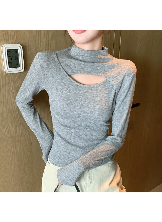H563 Custom Splicing Digging Hole Autumn And Winter New Discreet Bottoming Shirt Women's Half Turtleneck Cut Out Design Long Sleeves