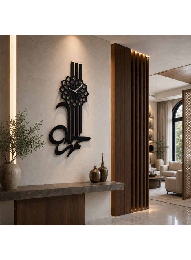 Alhamdulillah Wall Clock Laser Cut Metal Arabic Calligraphy Wall Art, Matte Black, 80x50 cm - Silent Quartz Islamic Home Decor for Living Room, Majlis & Office, Handmade in UAE - Image 5
