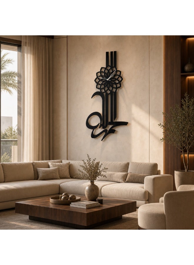 Alhamdulillah Wall Clock Laser Cut Metal Arabic Calligraphy Wall Art, Matte Black, 80x50 cm - Silent Quartz Islamic Home Decor for Living Room, Majlis & Office, Handmade in UAE - Image 4