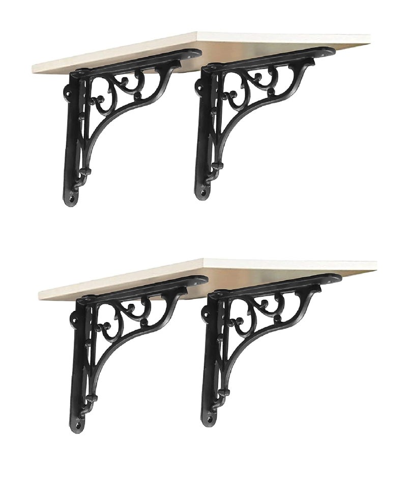 GHAR DWAR Metal Handcrafted Shelf Bracket for Floating Shelves L Angle Decorative L Shaped Corner Brace Joint Heavy Duty Wall Mounted Shelf Supporter Brace Holder (Black, Pack of 4) - Image 1