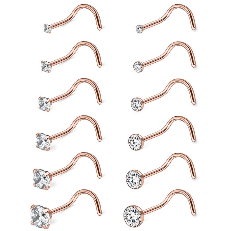 Ruifan 12PCS 18G 316L Surgical Steel 1.5mm 2mm 2.5mm 3mm 3.5mm 4mm Clear Round Diamond Cubic Zirconia Crystal Nose Screw Studs Rings Piercing Jewelry - Rose Gold - Image 1