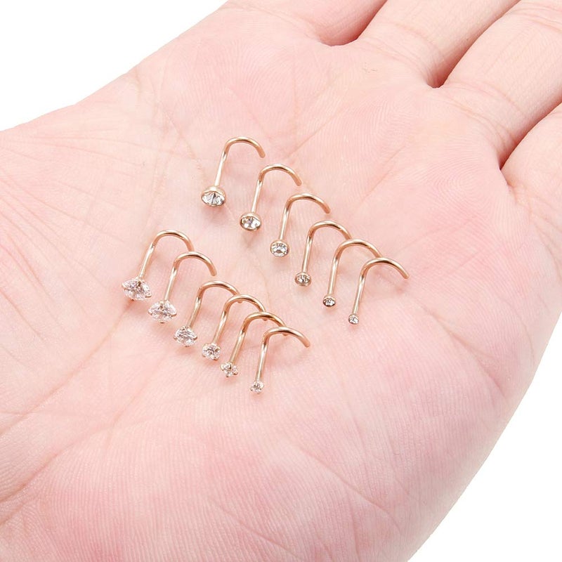 Ruifan 12PCS 18G 316L Surgical Steel 1.5mm 2mm 2.5mm 3mm 3.5mm 4mm Clear Round Diamond Cubic Zirconia Crystal Nose Screw Studs Rings Piercing Jewelry - Rose Gold - Image 3