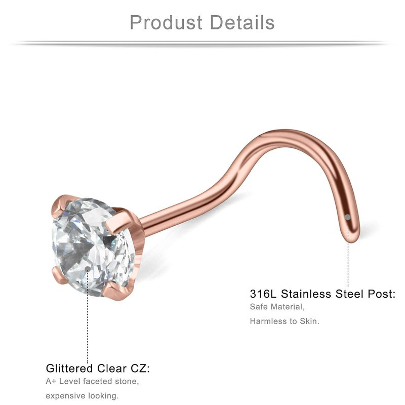 Ruifan 12PCS 18G 316L Surgical Steel 1.5mm 2mm 2.5mm 3mm 3.5mm 4mm Clear Round Diamond Cubic Zirconia Crystal Nose Screw Studs Rings Piercing Jewelry - Rose Gold - Image 2