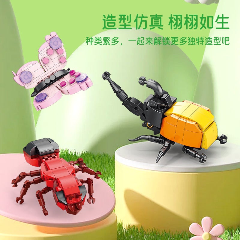 LELE BROTHER Insect Building Blocks Set - Mantis & Rhinoceros Beetle, Small Particles, Educational Toy - Image 2