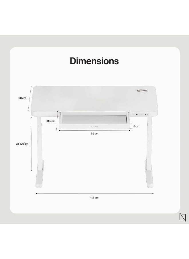 NAVODESK Navodesk AIR, Standing Desk with Inbuilt USB Ports and Wireless Charging, Electric Sit Stand Desk with Storage Drawer (White, 118 x 60 CM)  - Image 2