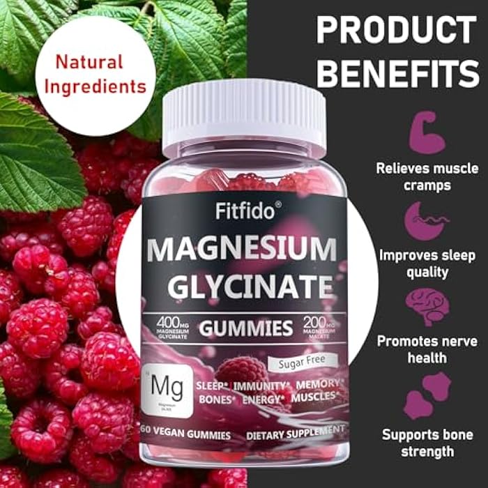 Fitfido Magnesium Glycinate Gummies 400mg – Sugar Free, No Melatonin Sleep & Stress Support, High Absorption, Gentle on Stomach, Vegan Pectin, for Adults & Kids 4+ (60 Count, Raspberry) - Image 3