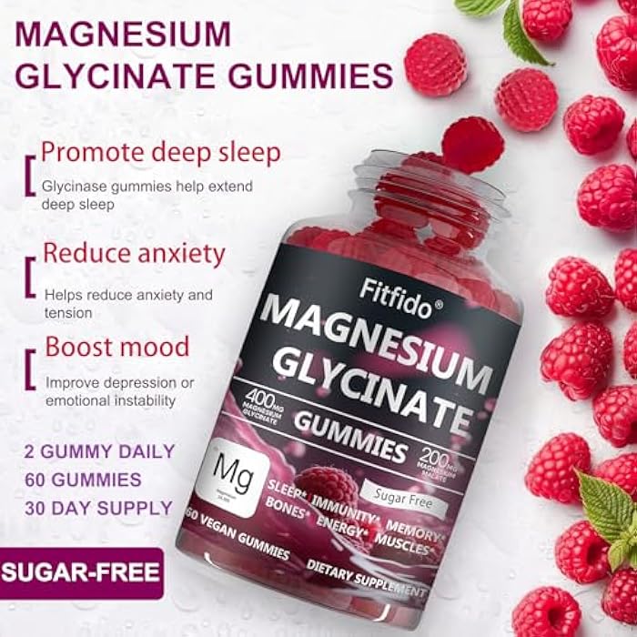 Fitfido Magnesium Glycinate Gummies 400mg – Sugar Free, No Melatonin Sleep & Stress Support, High Absorption, Gentle on Stomach, Vegan Pectin, for Adults & Kids 4+ (60 Count, Raspberry) - Image 4