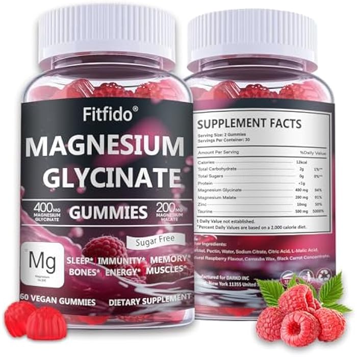 Fitfido Magnesium Glycinate Gummies 400mg – Sugar Free, No Melatonin Sleep & Stress Support, High Absorption, Gentle on Stomach, Vegan Pectin, for Adults & Kids 4+ (60 Count, Raspberry) - Image 1