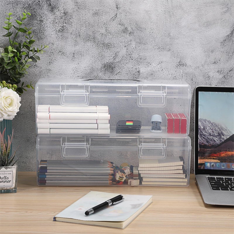BTSKY 2 PCS Extra Long Plastic Pencil Box Portable Clear Home Utility Boxes with Black Handle Stationery Storage Organizer Painting Tool Storage Container for Pencils Marker Sticky-Note Craft Supplies - Image 4