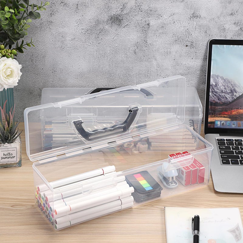 BTSKY 2 PCS Extra Long Plastic Pencil Box Portable Clear Home Utility Boxes with Black Handle Stationery Storage Organizer Painting Tool Storage Container for Pencils Marker Sticky-Note Craft Supplies - Image 2