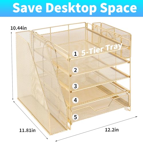 Gugsey Desk Organizer, 5-Tier Paper Letter Tray Organizer with File Holder, Drawer and Pen Holder, Desktop Organizer for Office Supplies, Gold - Image 2