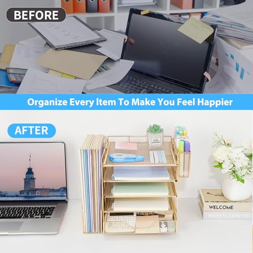 Gugsey Desk Organizer, 5-Tier Paper Letter Tray Organizer with File Holder, Drawer and Pen Holder, Desktop Organizer for Office Supplies, Gold - Image 4