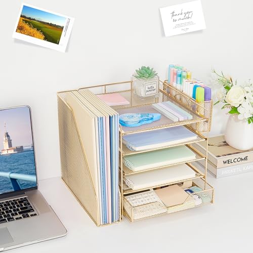 Gugsey Desk Organizer, 5-Tier Paper Letter Tray Organizer with File Holder, Drawer and Pen Holder, Desktop Organizer for Office Supplies, Gold - Image 5
