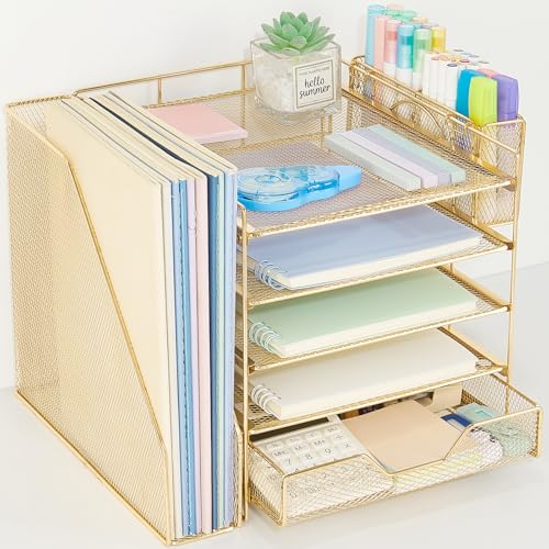 Gugsey Desk Organizer, 5-Tier Paper Letter Tray Organizer with File Holder, Drawer and Pen Holder, Desktop Organizer for Office Supplies, Gold - Image 1