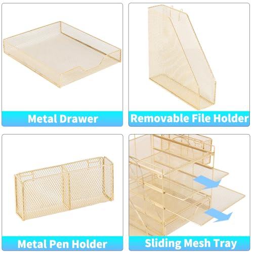 Gugsey Desk Organizer, 5-Tier Paper Letter Tray Organizer with File Holder, Drawer and Pen Holder, Desktop Organizer for Office Supplies, Gold - Image 3