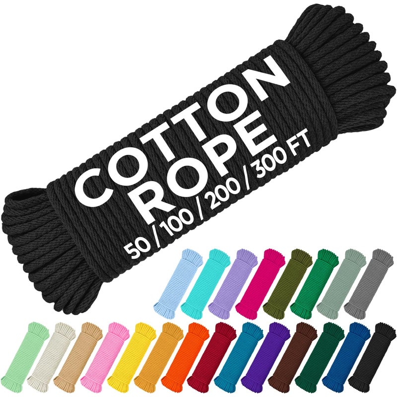 TECEUM Cotton Rope 316 5 mm 100 FT Strong AllPurpose Braided Rope Natural Cotton for Crafting amping Clothes Line DIY Indoor Outdoor Use Black