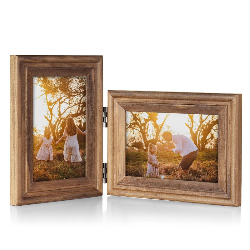 Tamolus 4x6 Double Hinged Picture Frame Folding Photo Frame Vertical and Horizontal in Distressed Farmhouse Wood Grain Pine Wood with Real Glass for Tabletop X2-MU-SH46 - Image 1