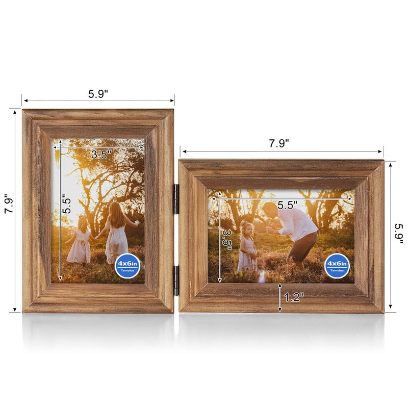 Tamolus 4x6 Double Hinged Picture Frame Folding Photo Frame Vertical and Horizontal in Distressed Farmhouse Wood Grain Pine Wood with Real Glass for Tabletop X2-MU-SH46 - Image 2