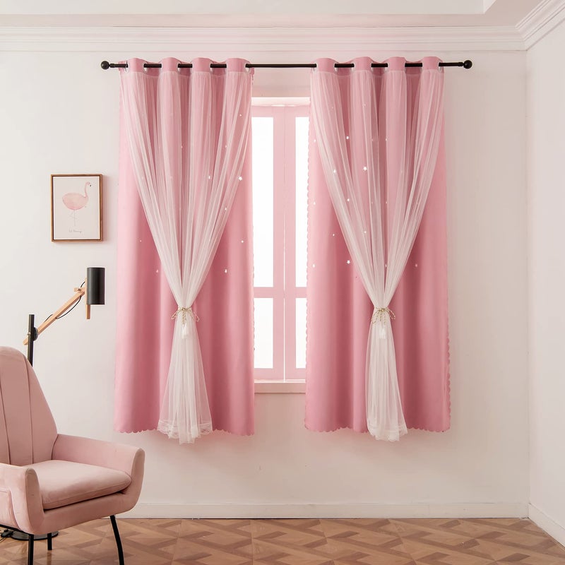 LUGOTAL Girls Curtains for Living Room Bedroom Curtains Double Layer Blackout Curtains 84 Inch Length Star Cut Out Pink Curtain Window Drapes for Nursery 1 Panel W52 X L84 InchesPink