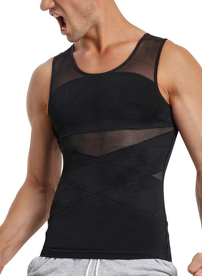 Men'S Compression Shirt Slimming Vest Sleeveless Sweatshirt Vest Tummy Tuck Body Shaper Body Shaping Vest Tummy Tuck Bra Underwear Breathable Mesh Tight Vest Black X  - Image 1