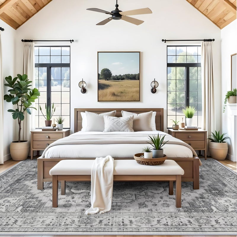 RUUGME Living Room 9x12 Area Rugs - Large Boho Rugs for Bedroom Stain Resistant Carpet Vintage Tribal Rugs for Kitchen Bathroom with Non Slip Backing Home Decor Floor Decoration Mat 9x12 Grey/White - Image 2