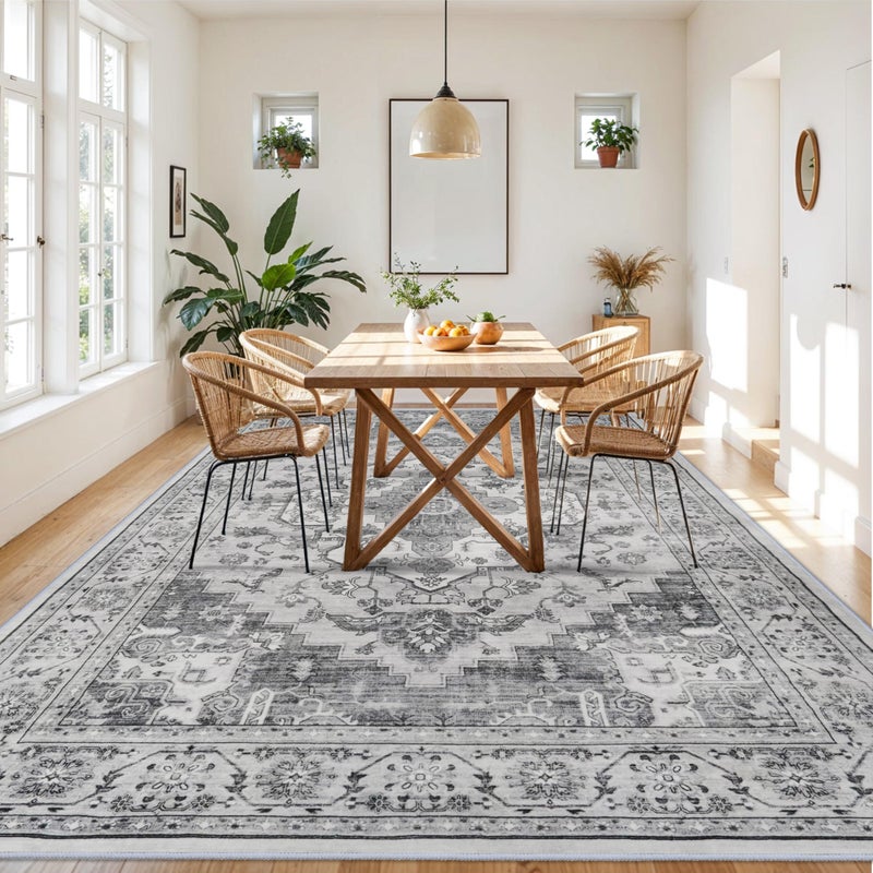 RUUGME Living Room 9x12 Area Rugs - Large Boho Rugs for Bedroom Stain Resistant Carpet Vintage Tribal Rugs for Kitchen Bathroom with Non Slip Backing Home Decor Floor Decoration Mat 9x12 Grey/White - Image 3