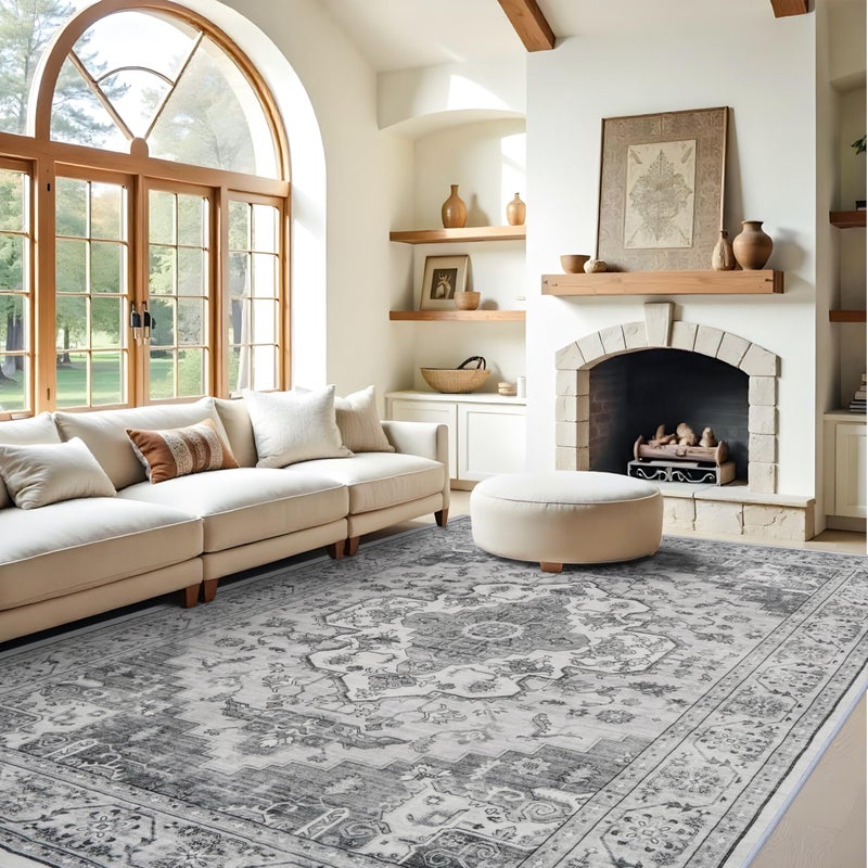 RUUGME Living Room 9x12 Area Rugs - Large Boho Rugs for Bedroom Stain Resistant Carpet Vintage Tribal Rugs for Kitchen Bathroom with Non Slip Backing Home Decor Floor Decoration Mat 9x12 Grey/White - Image 1