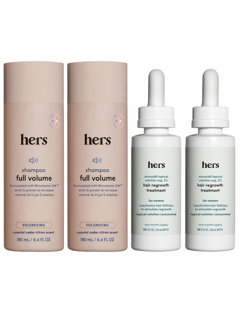 Hers hers Full Volume Shampoo 2 Pack & 2% Topical Minoxidil Solution 2 Pack Bundle - Volumizing Shampoo for Women - Hair Loss Serum for Women - 4 Units Total - Image 1