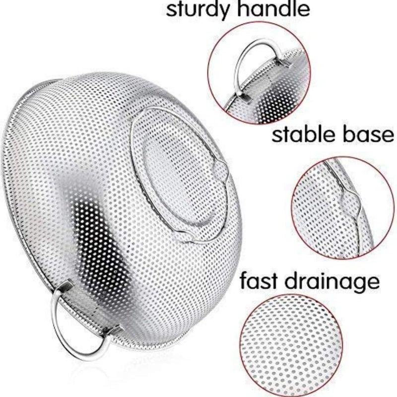 KRESHU 22.5cm Stainless Steel Rice Washing Colander Strainer with Handle Micro-Perforated Pasta Strainer for Clean & Drain Vegetable/Fruit/Pasta/Rice Dishwasher Safe Washing Bowl (Pack of 1) - Image 2