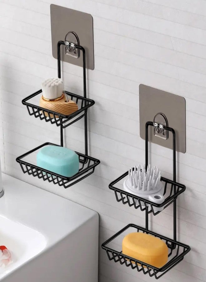 FUNARIC Self‑Adhesive Wall‑Mounted Double‑Layer Soap Dish Holder | Black Mild Steel Sponge Rack for Bathroom, Kitchen & Shower | Rust-Resistant, No‑Drill Magic Sticker Organizer 1PCS - Image 1