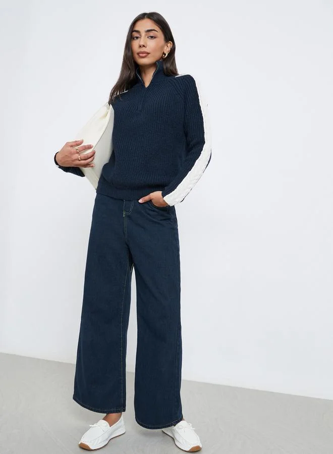 Styli Styli Navy Blue Half-Zip Side Stripe Sweater