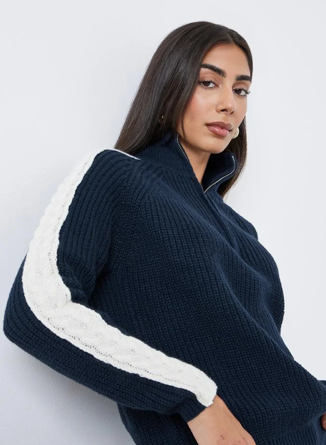 Styli Navy Blue Half-Zip Side Stripe Sweater