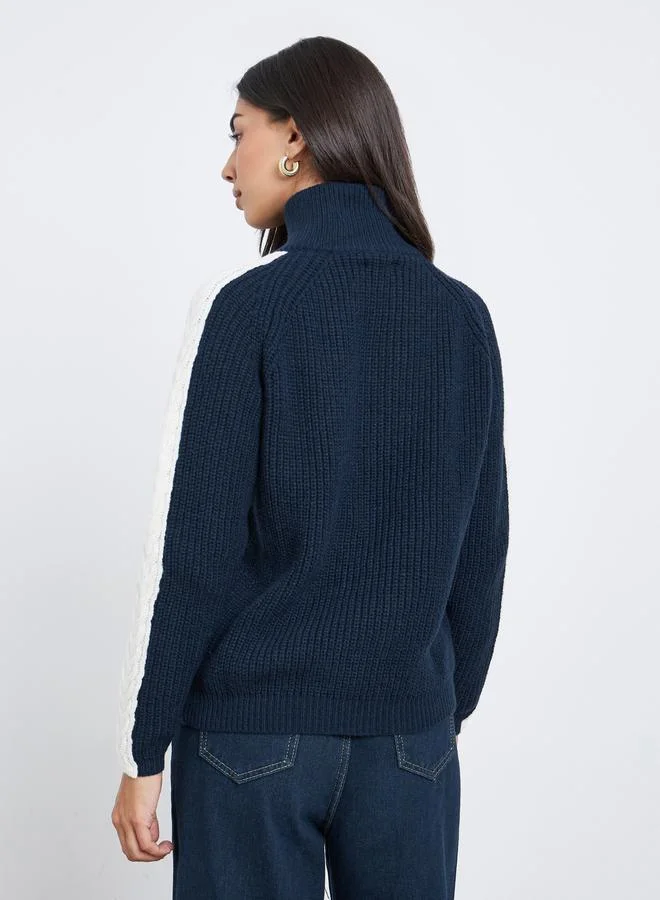 Styli Styli Navy Blue Half-Zip Side Stripe Sweater