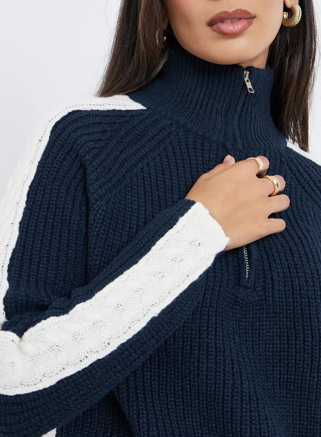 Styli Styli Navy Blue Half-Zip Side Stripe Sweater