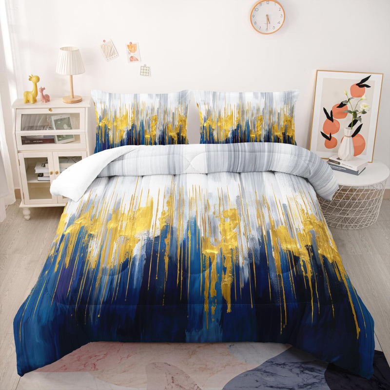 Nttopship Blue White Gold Gradient Color Print Comforter Set King Size,Abstract Art Bedding Set,Patchwork Printed Quilted Set for Teens Adult,with 1 Comforter and 2 Pillow Case - Image 1
