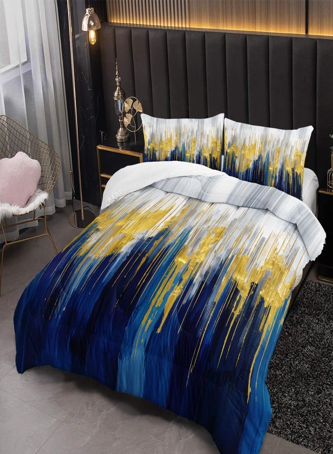 Nttopship Blue White Gold Gradient Color Print Comforter Set King Size,Abstract Art Bedding Set,Patchwork Printed Quilted Set for Teens Adult,with 1 Comforter and 2 Pillow Case - Image 2
