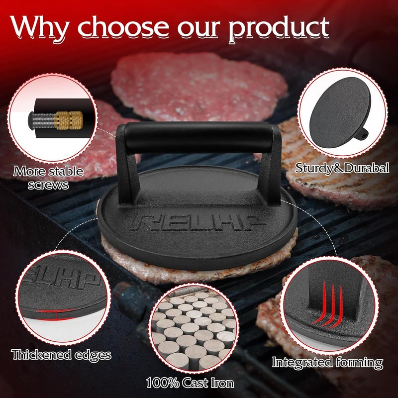 RELHP Burger Press 6.5" Round Smash Burger Press Heavy-Duty Cast Iron Smash Burger Press Burger Press with Black Wood Handle Blackstone Burger Press Burger Smasher Cookouts - Image 3