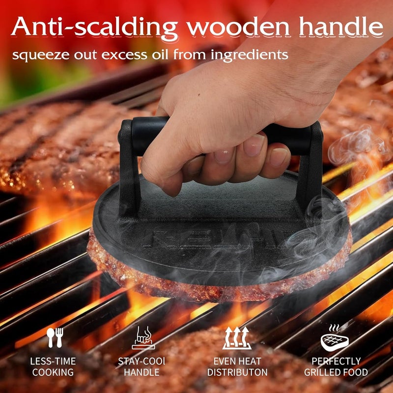 RELHP Burger Press 6.5" Round Smash Burger Press Heavy-Duty Cast Iron Smash Burger Press Burger Press with Black Wood Handle Blackstone Burger Press Burger Smasher Cookouts - Image 4